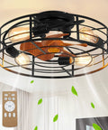 Caged Ceiling Fan With Light 20 Inch Low Profile Flush Mount Industrial Vibe With Ultra Quiet Reversible Motor Remote Control