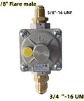 MCAMPAS dual-fuel gas regulator front view; metal body with brass fittings and yellow plug, 3/4-16 UNF & 3/8 adapter