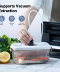 Person using Powerful 90KPa 8-in-1 Food Vacuum Sealer for dry and moist food with built-in cutter, storing salmon in container.