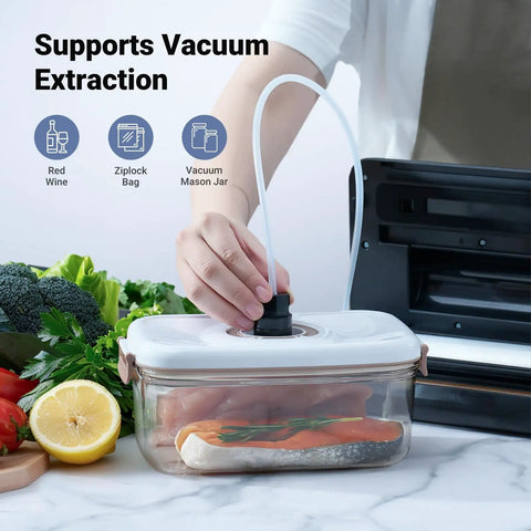 Person using Powerful 90KPa 8-in-1 Food Vacuum Sealer for dry and moist food with built-in cutter, storing salmon in container.