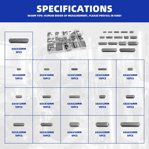 Keyway Key Stock Assortment Kit With 140 Round End Keys And 80 Woodruff Half Moon Keys Plus 2 Tweezers 220 Pieces For Gearheads In The Mechanical Industry Square Parallel Drive Shaft Keys And Shaft Feather Keys In 3mm 4mm 5mm 6mm Sizes with specifications chart