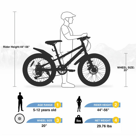 Size chart for Kids Fat Tire Mountain Bike 20 Inch Wheel With 7 Speed Shifting Dual Disc Brakes And Fenders Snow Ready Ride.