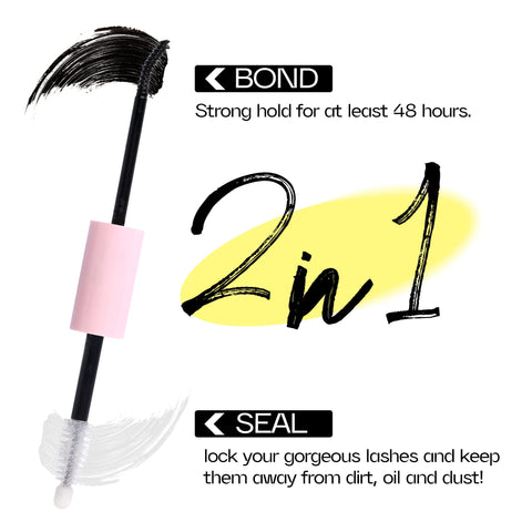 Bond And Seal 2 In 1 Lash Glue Waterproof With Strong Hold For DIY Cluster Eyelashes shown with applicator, promotes lasting lashes.