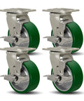 Heavy Duty 5 Inch By 2 Inch Caster Wheels Set Of 4 With Polyurethane On Aluminum Wheels Swivel Casters With Top Lock Brakes For Easy Locking And Maneuverability 4400 Lbs Load Capacity When Used As A Set Green, front view