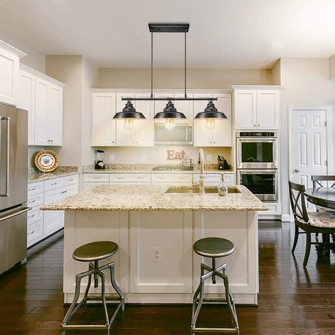 Industrial Kitchen Island Pendant Light With Adjustable Height Rustic Farmhouse Three Light Pendant in modern kitchen setting