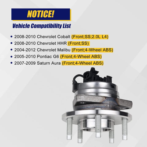 Front Wheel Bearing And Hub Assembly 513214 Fits Chevy Malibu 04-12 Cobalt HHR 08-10 Pontiac G6 05-10 Saturn Aura 07-09