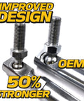 Beefed Up Adjustable Steering Drag Link Set for Lawn Tractors Husqvarna Compatible LH and RH Ends for Precise Wheel Alignment Toe In Toe Out 360 Degree Crimp 50 Percent Stronger 4130 Steel With Zinc Coating Includes Plastic Wear close-up of threaded rod ends