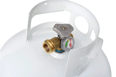 11 Pound Propane Tank Squatty With Type 1 OPD Valve And Built In Gas Gauge, Low Profile White Cylinder For RV, Grill, And Camping, Space Saving Propane Bottle For Easy Transport showing valve and gauge