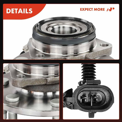 Close-up of Front Wheel Bearing And Hub Assembly Set For 6 Lug Trucks Compatible With 1999 To 2007 Silverado 1500 Suburban Tahoe Yukon Escalade 4x4 AWD Chevy GMC Cadillac 2 Pack, showing detailed metal construction and connectors.