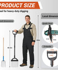 Person holding Heavy Duty Broad Fork Garden Tool with 5 Plus 4 Sharp Tines and ergonomic handles next to product measurements