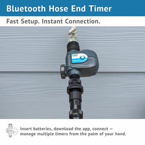 Bluetooth Hose End Timer With Smart Control for Wireless Irrigation Automation attached to outdoor tap, efficient garden watering.