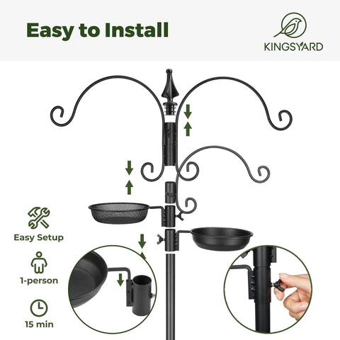 Easy Install Ultimate Outdoor Bird Feeding Station Kit With 85 Inch Pole and 5 Prong Base, features hooks, water bowl, and tray