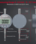 Front view of XUNTOP digital indicator bore gauge with LCD display, 0.7–6 in range, 0.0005 in resolution, 2 rods