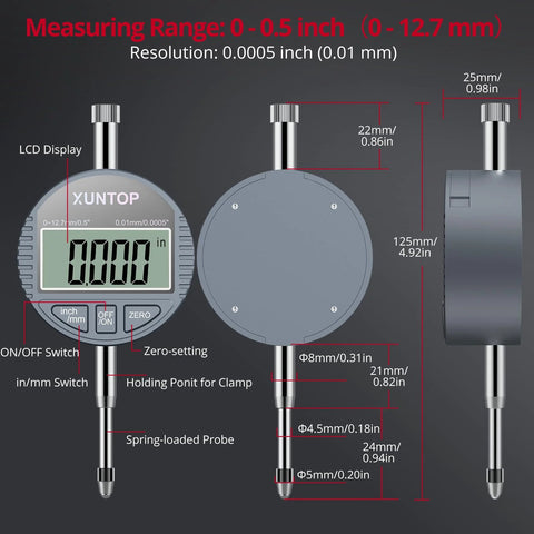 Front view of XUNTOP digital indicator bore gauge with LCD display, 0.7–6 in range, 0.0005 in resolution, 2 rods