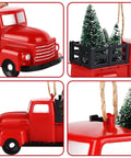 Three Pack Totally Vintage Red Truck Christmas Ornaments With Mini Christmas Trees Handcrafted Red Plastic Truck Models close-up