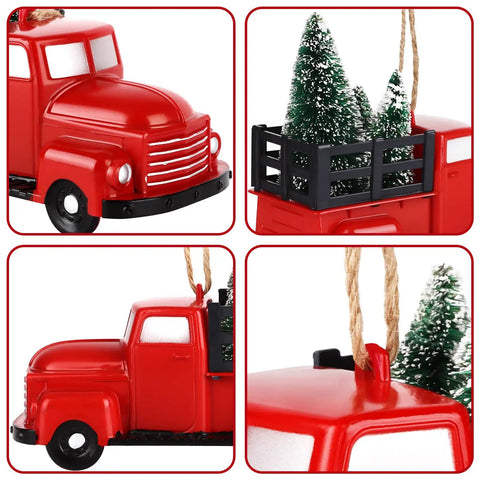 Three Pack Totally Vintage Red Truck Christmas Ornaments With Mini Christmas Trees Handcrafted Red Plastic Truck Models close-up
