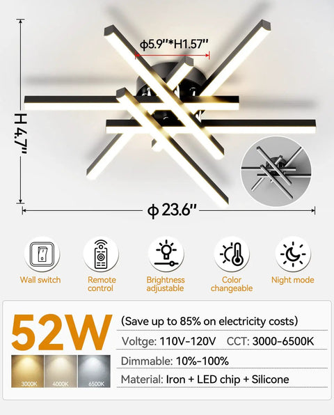 Dope Sputnik Ceiling Light Fixture 52W LED Dimmable with Remote Black Flush Mount Chandelier 23.6 inches