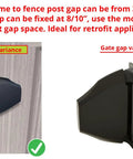 Damn Tough Heavy Duty Gate Hinges With Rock Solid Tension Control For Square Pool Fences Non Stop Swing Black Zinc Coated Steel Pair showing gate gap variance from 3/8" to 1".