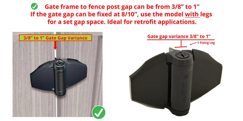 Damn Tough Heavy Duty Gate Hinges With Rock Solid Tension Control For Square Pool Fences Non Stop Swing Black Zinc Coated Steel Pair showing gate gap variance from 3/8" to 1".
