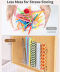 Slick 9.5 Inch Acrylic Straw Organizer Clips Securely To Cabinet Doors With Extra Grippy Adhesive Strips Features Sloped Drainage Base Keeps Countertops Totally Clutter Free And Ready For Use, showcasing before and after organization.