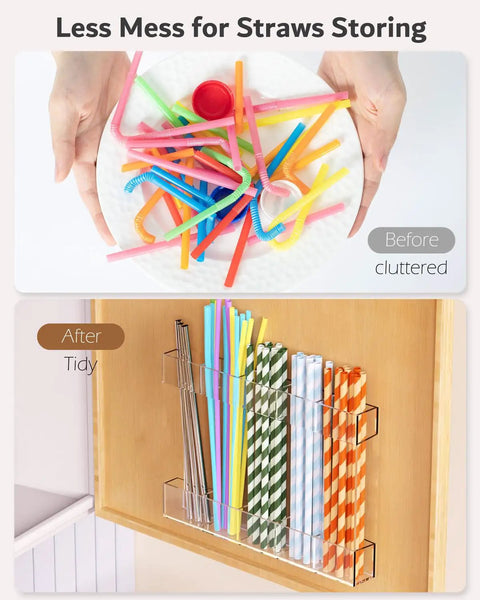 Slick 9.5 Inch Acrylic Straw Organizer Clips Securely To Cabinet Doors With Extra Grippy Adhesive Strips Features Sloped Drainage Base Keeps Countertops Totally Clutter Free And Ready For Use, showcasing before and after organization.