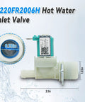 Front view of a washer hot-water inlet valve with white body and teal solenoid, 3.1in long
