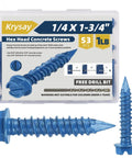 53 Piece Concrete Screws With Drill Bit Kit One Quarter By One And Three Quarters Inch Hex Head Pro Grade Masonry Screws For Concrete Anchors Diamond Point Blue Coated One Pound Bundle For DIY Home Improvement Projects.