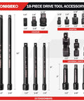 18 Piece Impact Socket Extension Set With Chrome Vanadium Steel Built Tough As Nails For High Torque And Impact Wrenches Includes Multiple Sizes Durable Pro Grade Performance, 18-piece drive tool accessory set