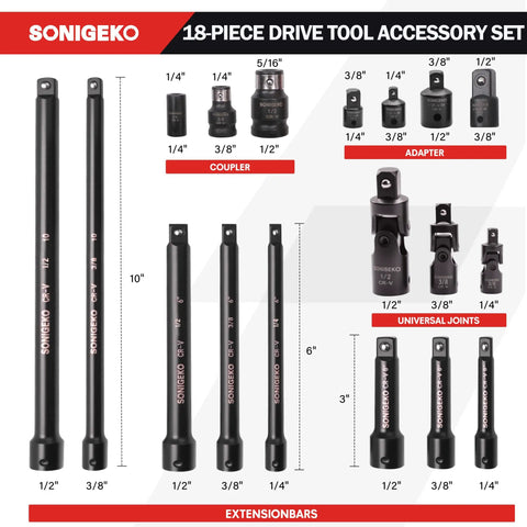 18 Piece Impact Socket Extension Set With Chrome Vanadium Steel Built Tough As Nails For High Torque And Impact Wrenches Includes Multiple Sizes Durable Pro Grade Performance, 18-piece drive tool accessory set