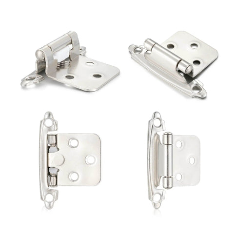 Self Closing Brushed Nickel Kitchen Cabinet Hinges For Face Frame Doors No Fuss Auto Close Feature With Screws Quick Swap For Older Furniture Rugged Heavy Duty Cupboard Hardware Kit in four angles.