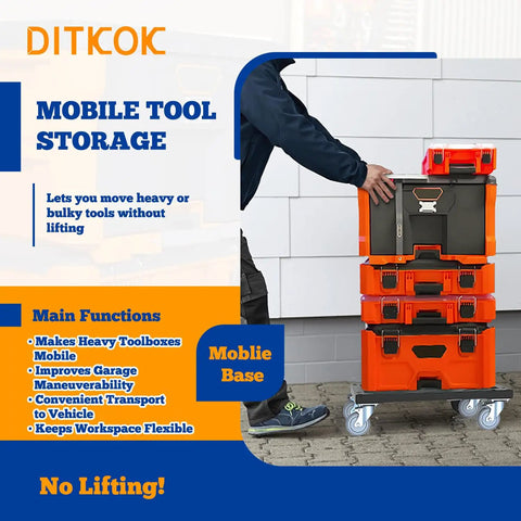Heavy Duty Metal Dolly For Modbox Storage System Rolling Cart With Powder Coat Finish And 2 Swivel 2 Locking Casters Fits Full Width And Half Width Modbox Boxes Ideal Mechanics Shop Organization showcasing stacked toolboxes.