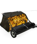 Heavy Duty Tow Behind Lawn Sweeper, 48 Inch Wide Sweep, 26 Cu Ft Debris Bag with leaves, adjustable height, easy dump rope
