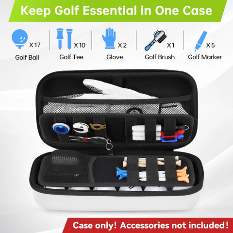 Open Hard Shell Golf Glove Case With Removable Glove Shaper Protective Organizer For Balls Tees And Markers, contents displayed