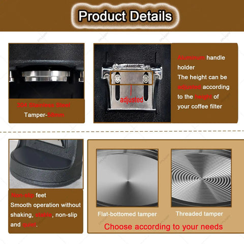 Top Shelf Commercial 58mm Electric Coffee Tamper Featuring Hella Precise 1200N Sensor Operated Tamping Force With Touchscreen Pressure Adjustment And Rock Solid Adjustable Stand For Busy Cafe Bars, showing stainless steel and aluminum details.