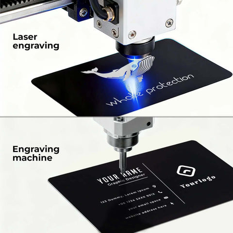 Thick 0.42mm Aluminum Business Card Blanks For Laser Engraving, showing engraving process on matte black metal cards.