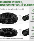 164Ft Drip Irrigation Kit With Quick Connect Valves for Raised Beds Veggie Gardens and Pots tubing sizes and specifications.