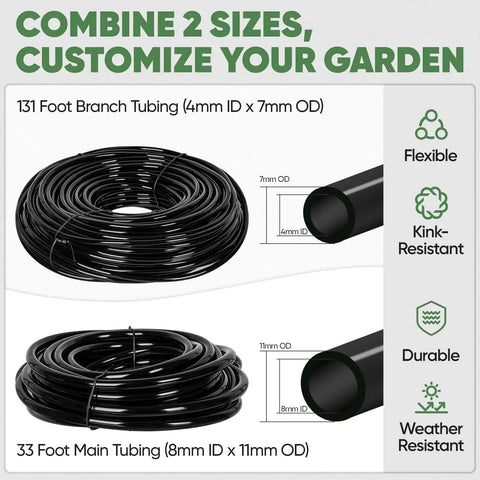 164Ft Drip Irrigation Kit With Quick Connect Valves for Raised Beds Veggie Gardens and Pots tubing sizes and specifications.