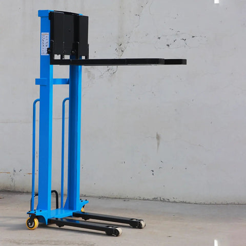 Heavy Duty Electric Pallet Stacker Hydraulic Lift 1100 Lbs Capacity Adjustable Forks Portable Industrial Warehouse Forklift Tool Cart side view on concrete floor.