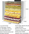 Top-Shelf Commercial Food Dehydrator With 16 Stackable Trays and Badass Stainless Steel Frame displaying colorful dried fruits on trays.