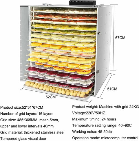 Top-Shelf Commercial Food Dehydrator With 16 Stackable Trays and Badass Stainless Steel Frame displaying colorful dried fruits on trays.