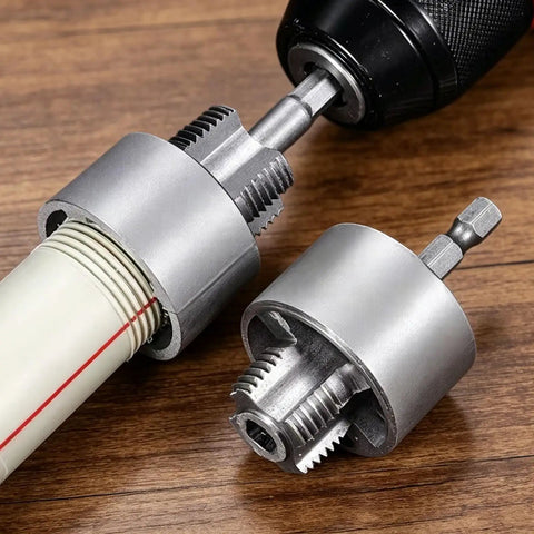Heavy Duty Internal External Pipe Threader Die Set With Electric Drill Compatibility For 1/2 And 3/4 Inch Copper Stainless Steel Plumbing Jobs Fast Quick Threading Tool For Pros And DIYers showing metal dies and cutter attachments.