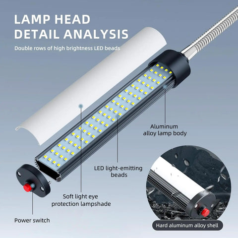 Close-up of 24W LED Work Light With Flexible Gooseneck And Screw Base, aluminum body, LED beads, power switch, 2400 Lumen Industrial Lamp