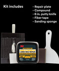 High Strength Large Hole Repair Kit with Fiber Reinforced Spackling Compound, repair plate, putty knife, sanding sponge