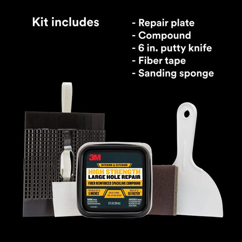 High Strength Large Hole Repair Kit with Fiber Reinforced Spackling Compound, repair plate, putty knife, sanding sponge