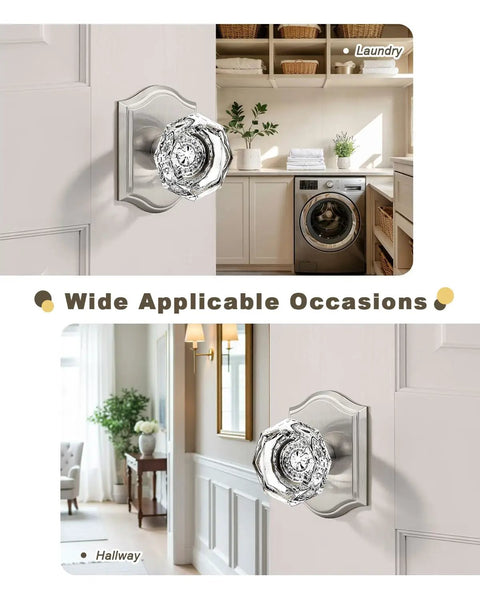 Clear Octagon Crystal Glass Door Knob Kit With Keyless Passage Handle For Hallway, Closet, Pantry, Satin Nickel Arched Rosette