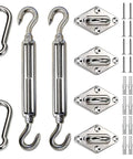 Heavy Duty Stainless Steel Sun Shade Sail Hardware Kit For Rectangle Or Square Installations Includes Turnbuckles Pad Eyes Carabiners And Screws Adjustable 6 Inch To 8 Inch Tension For A Secure Easy Setup.