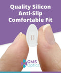 Close-up of push in silicone nose pad for glasses and sunnies, teardrop shape, 8.2mm wide clear eyewear accessory, held by fingers.