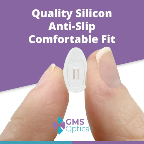Close-up of push in silicone nose pad for glasses and sunnies, teardrop shape, 8.2mm wide clear eyewear accessory, held by fingers.