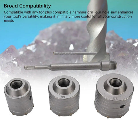 Concrete Hole Saw Kit For Drilling Through Concrete Brick Cement Stone Walls With 55mm 65mm And 75mm Diameters And 50mm Depth Tungsten Steel Triple Tooth Design Rustproof Durable Wall Cutter Set For Hollow Bricks And Cement, three bits and arbor