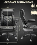Front and side view of 600Lbs Big And Tall Heavy Duty Office Chair With 5D Flip Arms Pocket Spring Cushion High Back Ergonomic Desk Chair With Lumbar Support Dual Rubber Wheels Extra Plush Padding For All Day Comfort, showing dimensions and design details.